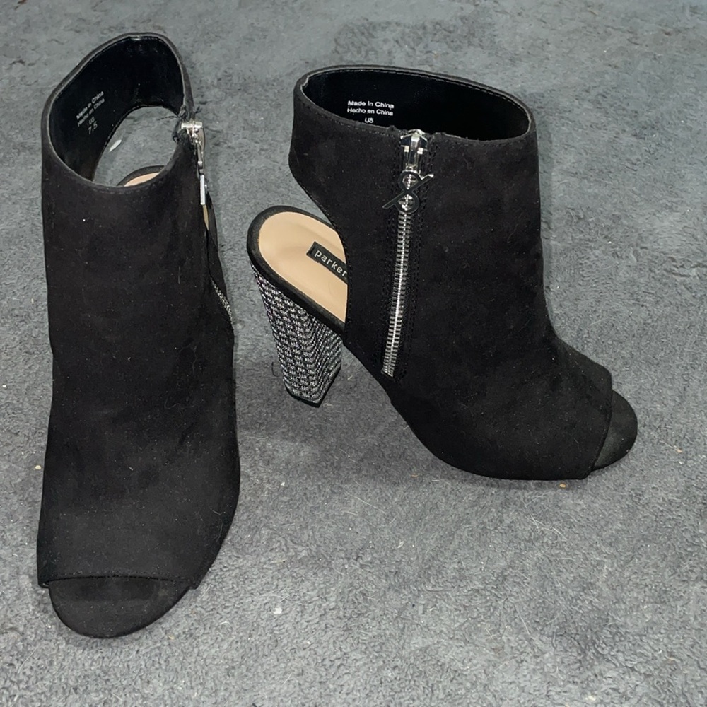 Parker & Sky Black Peep-Toe Ankle Boots with Silver Heel